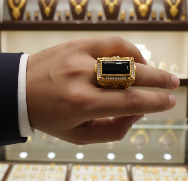 Black Stone with Diamond Finely Detailed Design Gold Plated Ring for Men RJ-SR-035