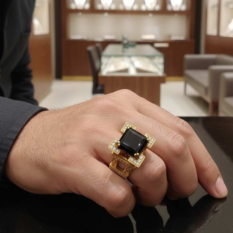 Black Stone Eiffel Tower Sophisticated Design Gold Plated Ring for Men RJ-SR-040