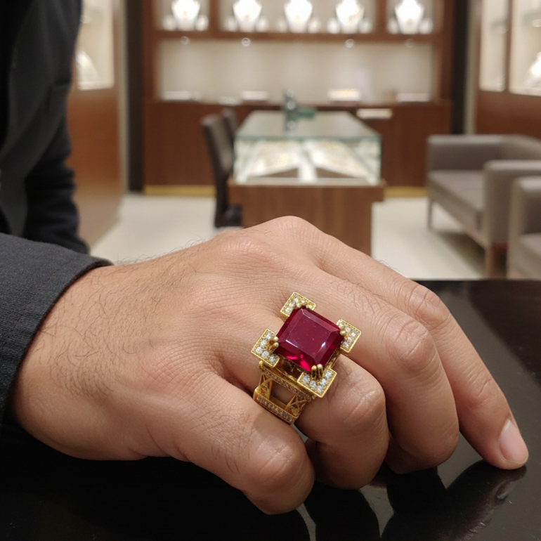 Red Stone Eiffel Tower Sophisticated Design Gold Plated Ring for Men SR-044