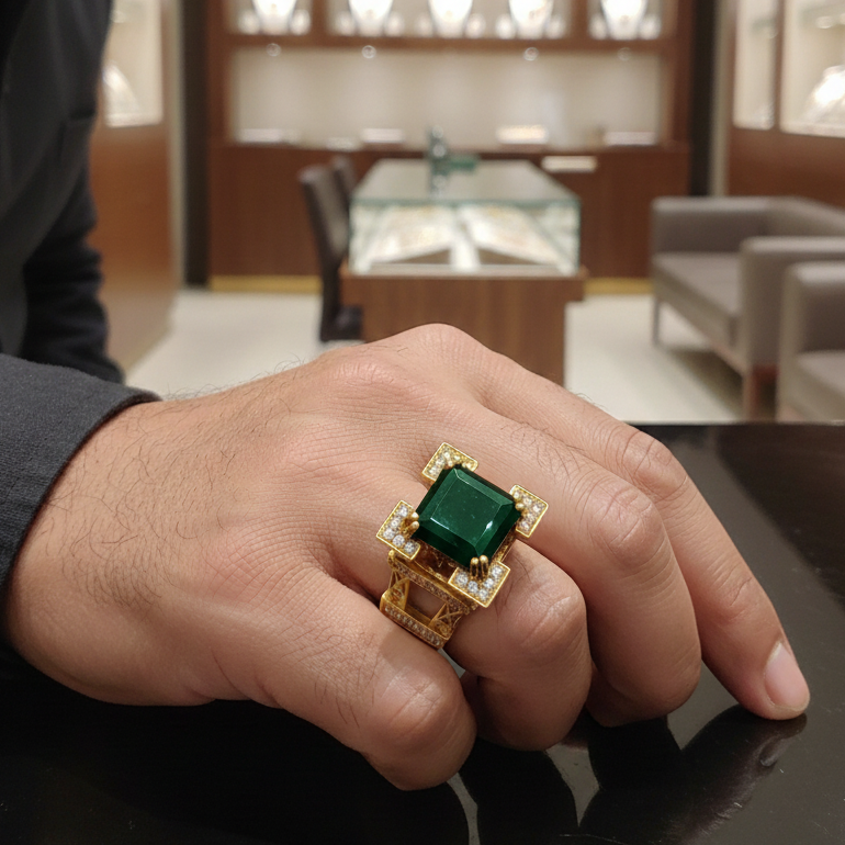 Green Stone Eiffel Tower Sophisticated Design Gold Plated Ring for Men SR-049