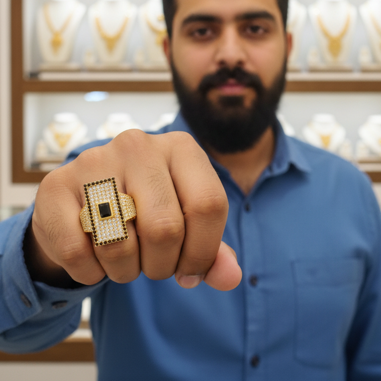 hydrabadi Design GoldPleted Black Color Stone Mens Ring RJ-SR-095
