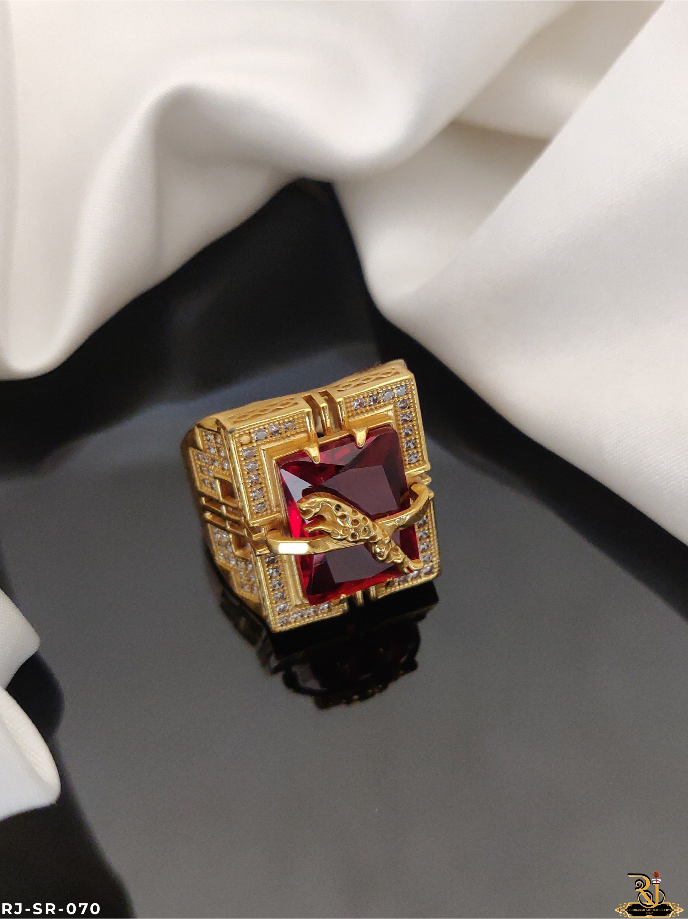 Diamond Design Jaguar red stone Gold Plated Men's Ring-SR-070