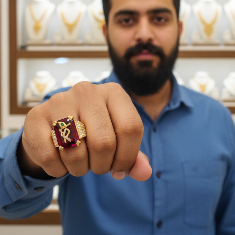 Luxurious and Religious Red Stone  Krishna flute Ring for men's-SR-103