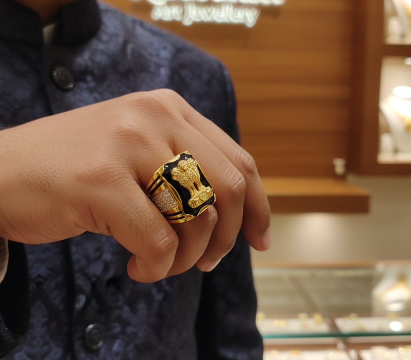 Royal Look Black Stone Ashok Stambh Ring for Men's-SR-105