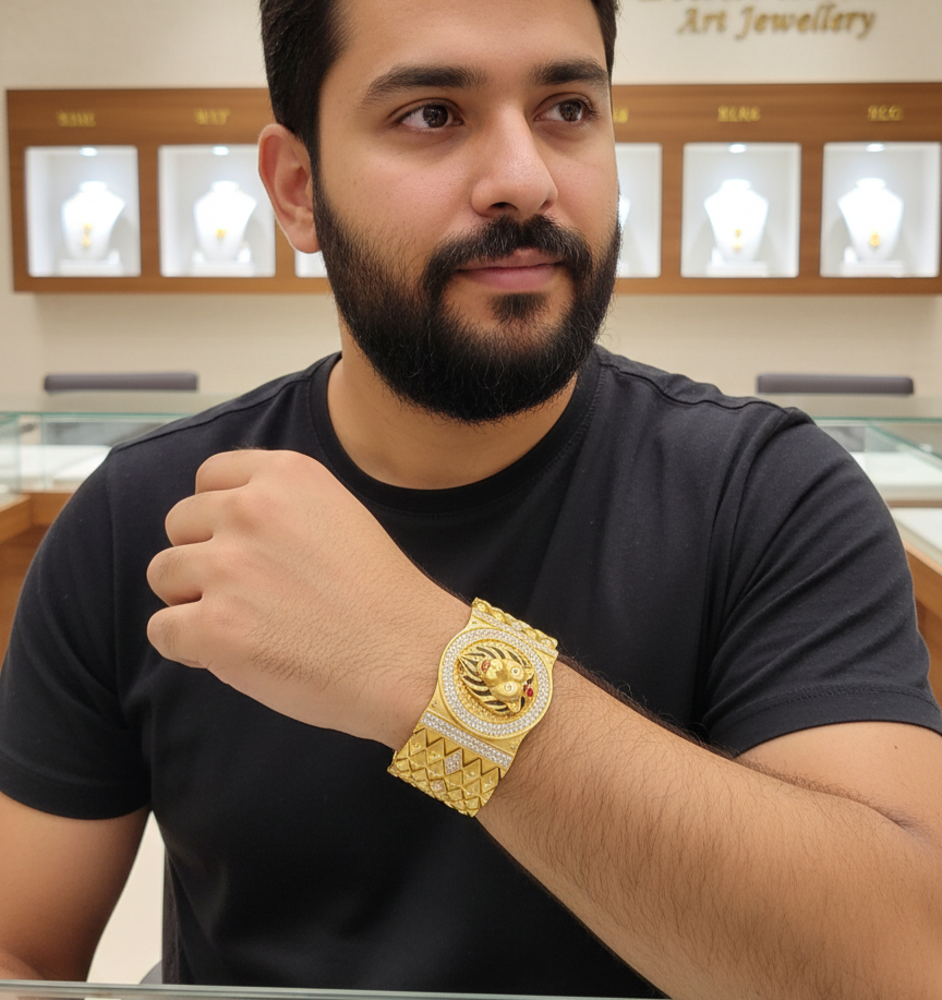 Modern shape Gold plated Lion face Bracelet RJ-BR-105