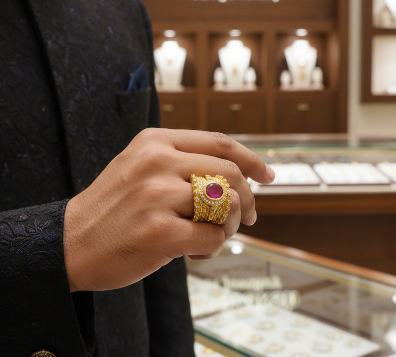 The Alpha Masculine Red Stone Gold Plated Ring for men's-SR-107