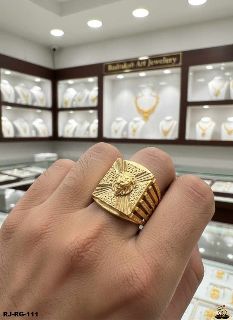 Attractive Look Lion Face Logo Design Gold Plated For Men's-RG-111