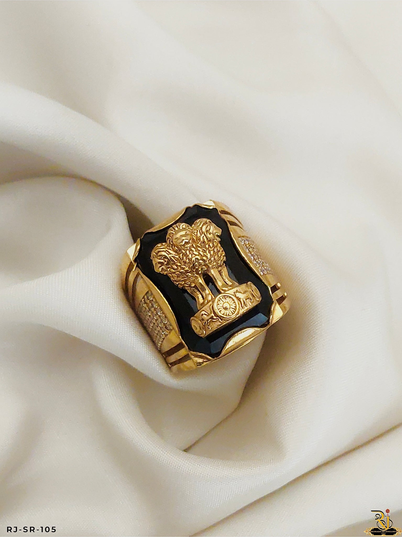 Royal Look Black Stone Ashok Stambh Ring for Men's-SR-105