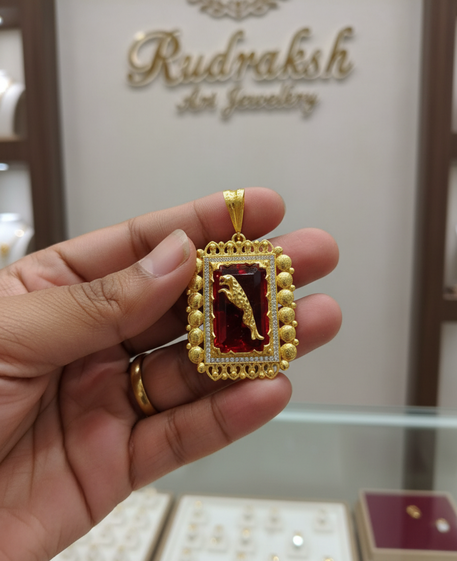 Rajwadi Shining Red Stone Diamond Jaguar Gold Plated Pendant For Men's-PD-265