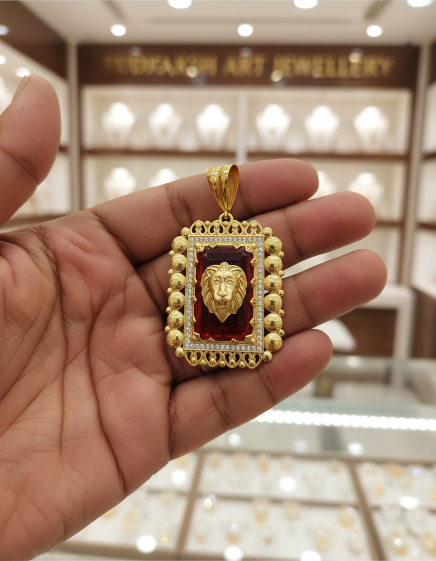 Rajwadi Shining Red Stone Diamond Lion Gold Plated Pendant For Men's-PD-266