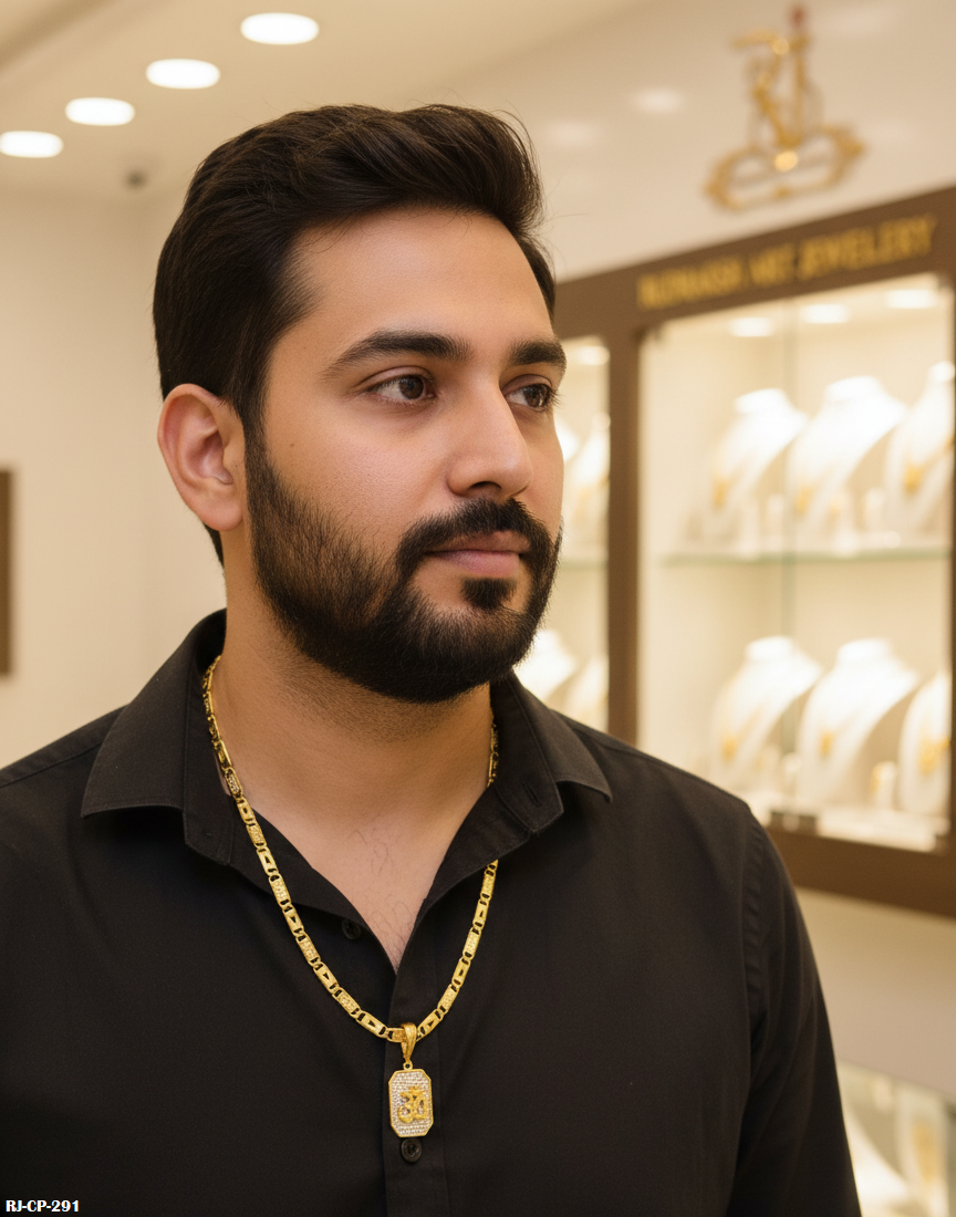 Rajwadi Shine Biscuit Chain with Diamond Om Logo Pendant For Men's-CP-291