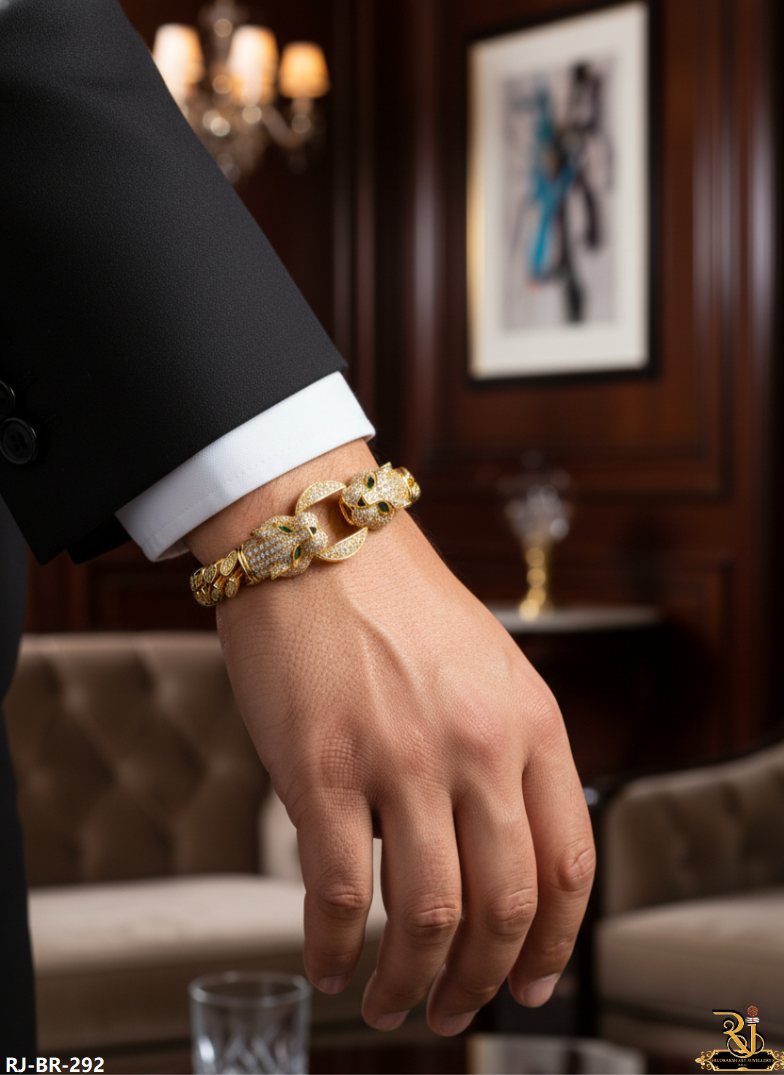 Roaring Majesty Diamond Panther Gold Plated Bracelet For Men's-BR-292