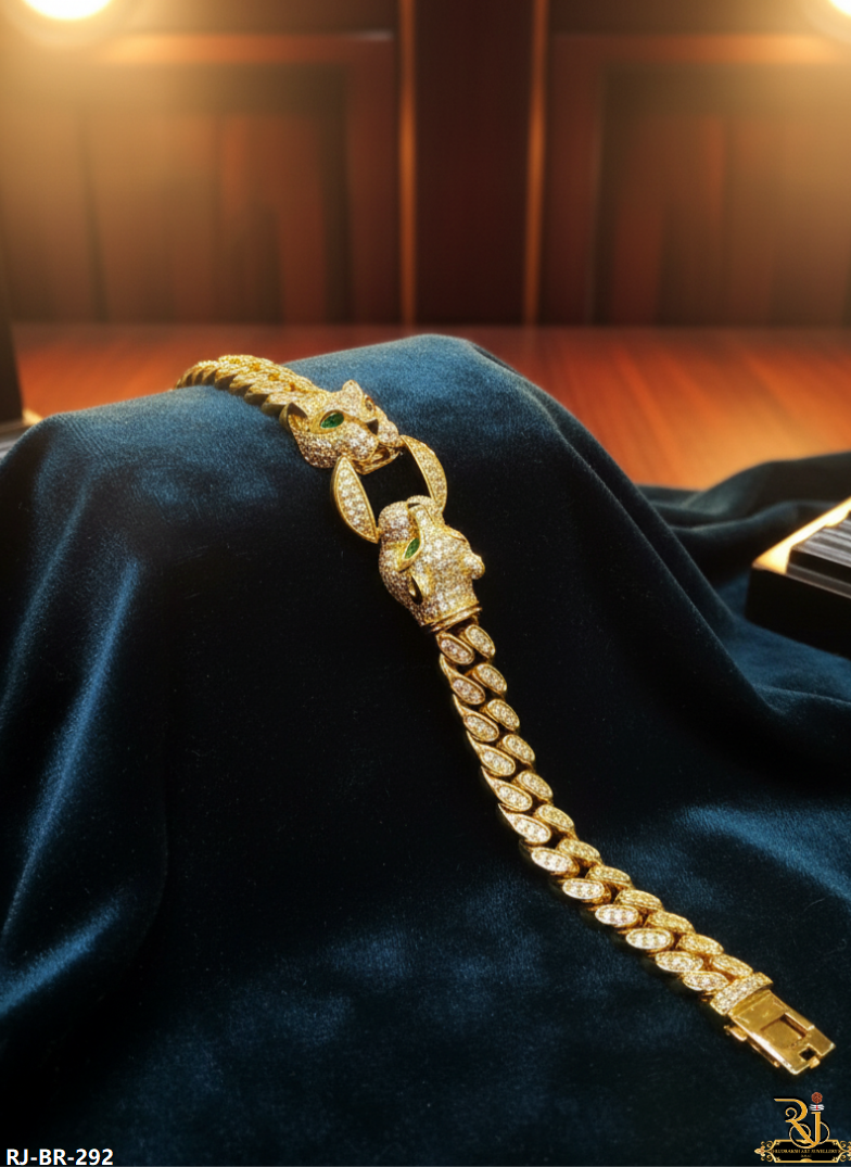 Roaring Majesty Diamond Panther Gold Plated Bracelet For Men's-BR-292