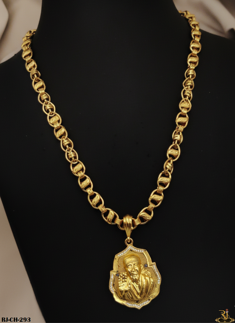 Exclusive Leaf Design Chain with Diamond Sai Baba Pendant for Men's-CP-293