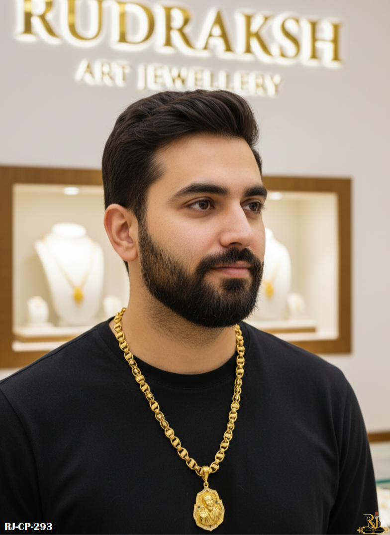 Exclusive Leaf Design Chain with Diamond Sai Baba Pendant for Men's-CP-293