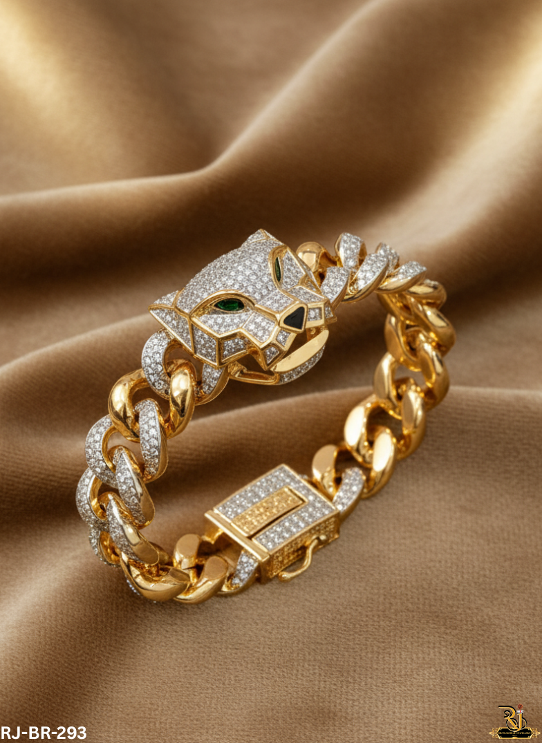 Diamond Panther Head Pave Cuban Gold Plated Bracelet For Men's-BR-293