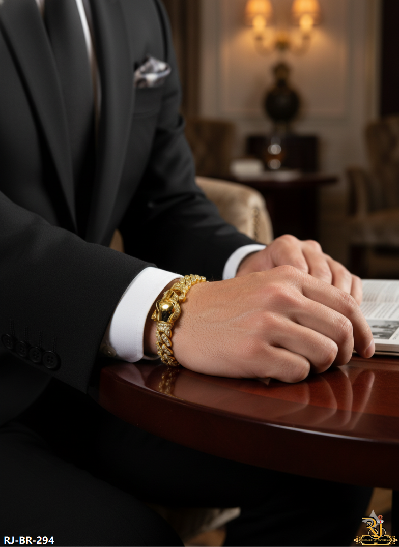 Beast Head Jaguar Clasp Gold Cuban Bracelet For Men's-BR-294