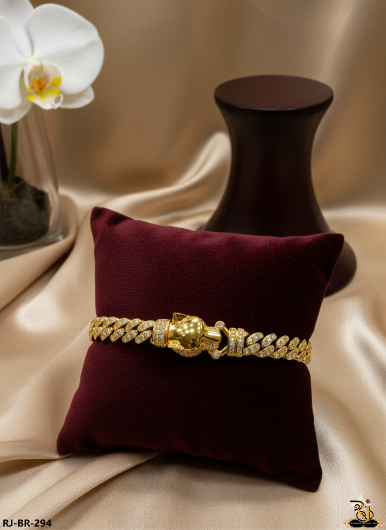 Beast Head Jaguar Clasp Gold Cuban Bracelet For Men's-BR-294