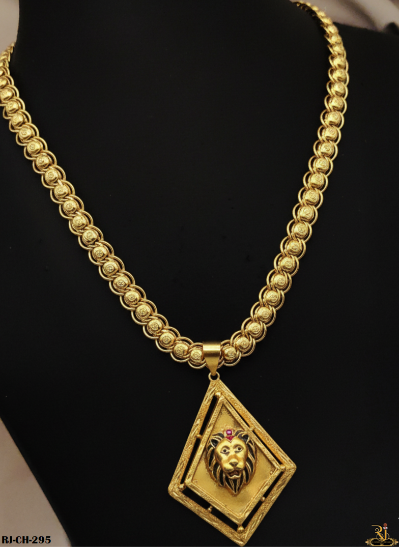 Rajwadi Round Koyli Lotus Chain with Diamond Lion Pendant For Men's-CP-295