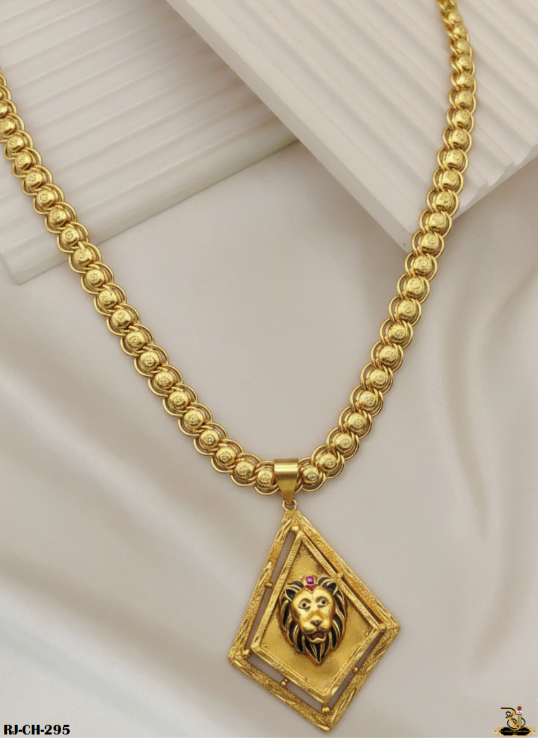 Rajwadi Round Koyli Lotus Chain with Diamond Lion Pendant For Men's-CP-295