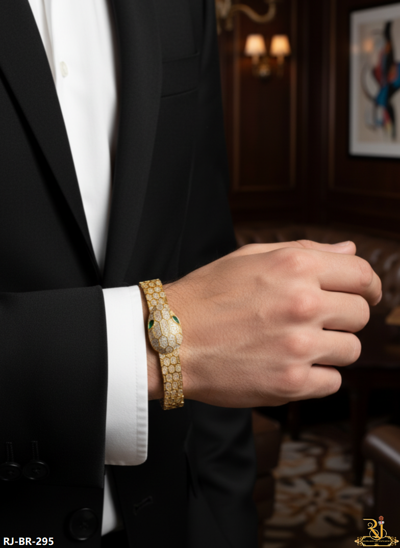 Emerald Eye Diamond Snake Gold Plated Bracelet For Men's-BR-295