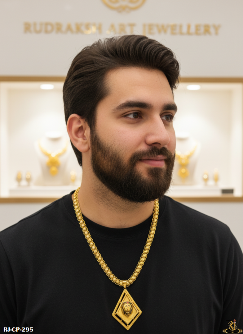 Rajwadi Round Koyli Lotus Chain with Diamond Lion Pendant For Men's-CP-295