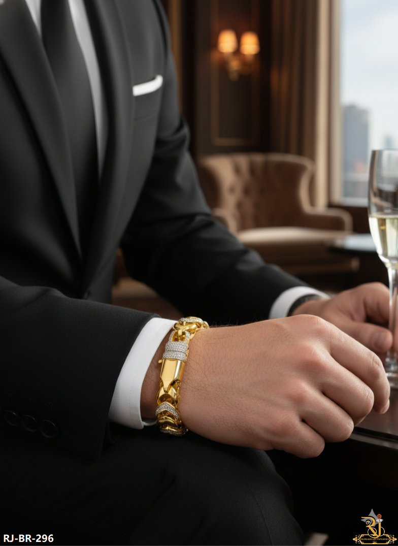 Two-Tone Pave Diamond Curb Gold Plated Bracelet For Men's-BR-296