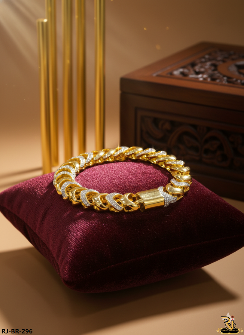 Two-Tone Pave Diamond Curb Gold Plated Bracelet For Men's-BR-296