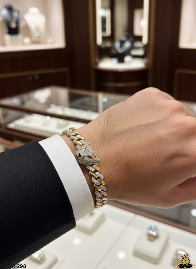 Gold-Tone Pave Cuban Gold Plated Bracelet with Jaguar Head For Men's-BR-298