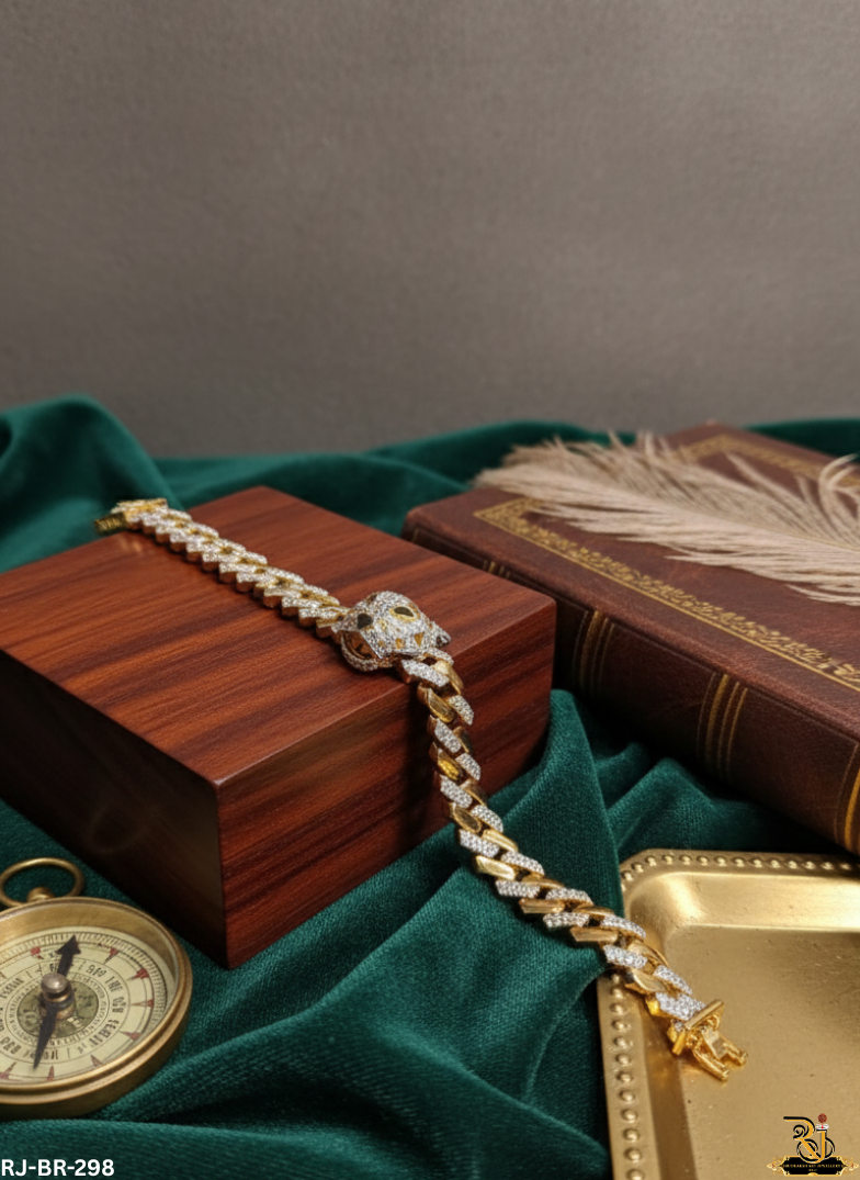 Gold-Tone Pave Cuban Gold Plated Bracelet with Jaguar Head For Men's-BR-298