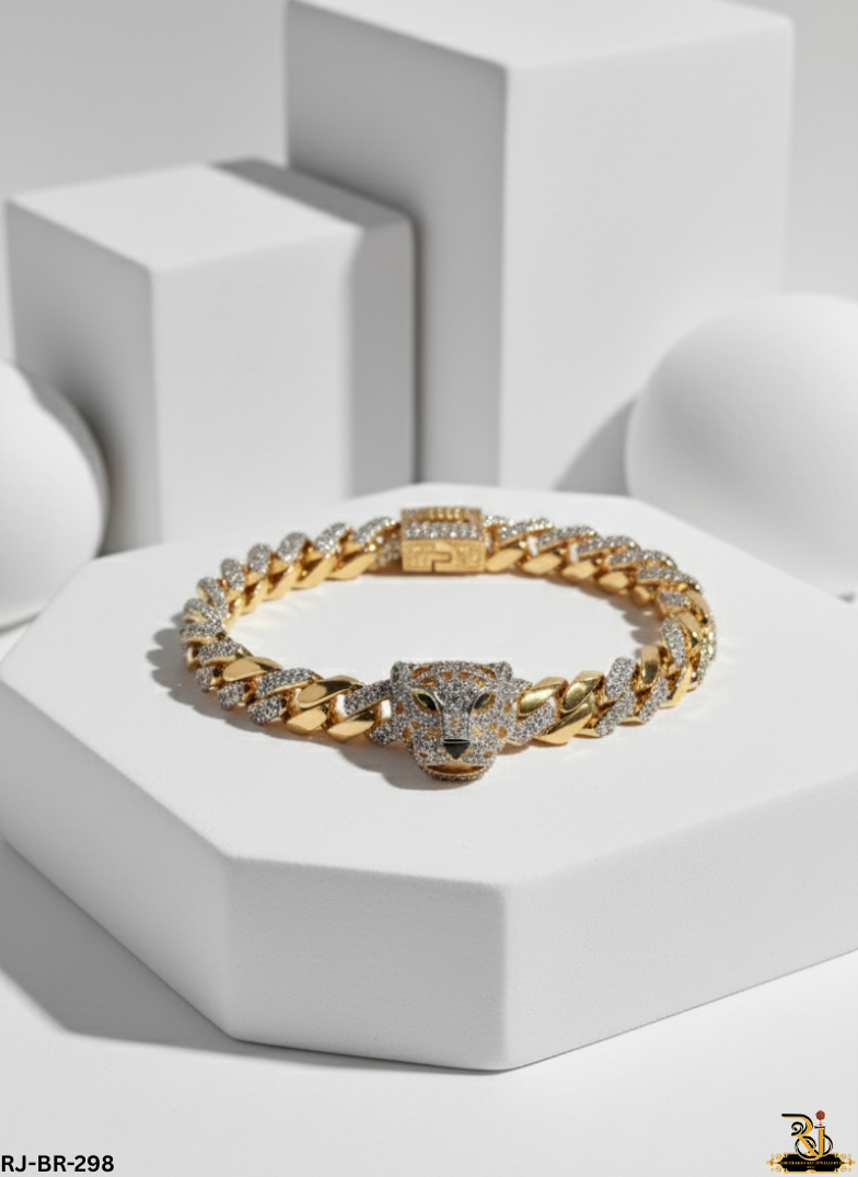 Gold-Tone Pave Cuban Gold Plated Bracelet with Jaguar Head For Men's-BR-298