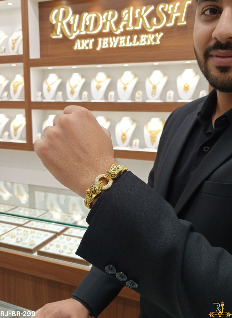 Cuban Diamond Link Dual Jaguar Head Gold Plated Bracelet For Men's-BR-299