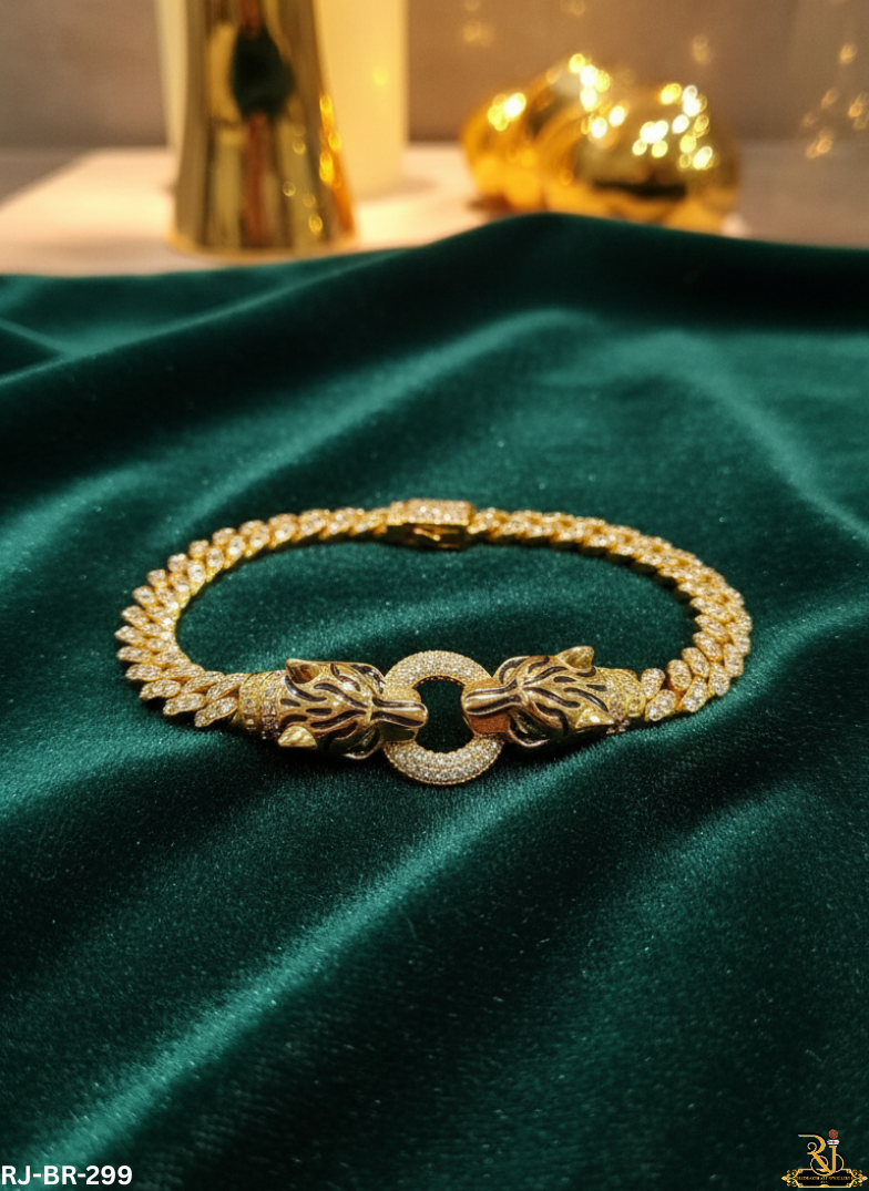 Cuban Diamond Link Dual Jaguar Head Gold Plated Bracelet For Men's-BR-299