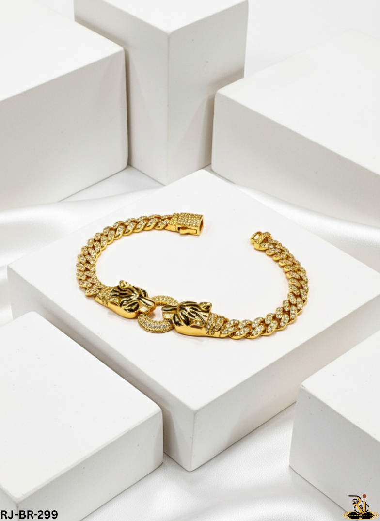 Cuban Diamond Link Dual Jaguar Head Gold Plated Bracelet For Men's-BR-299