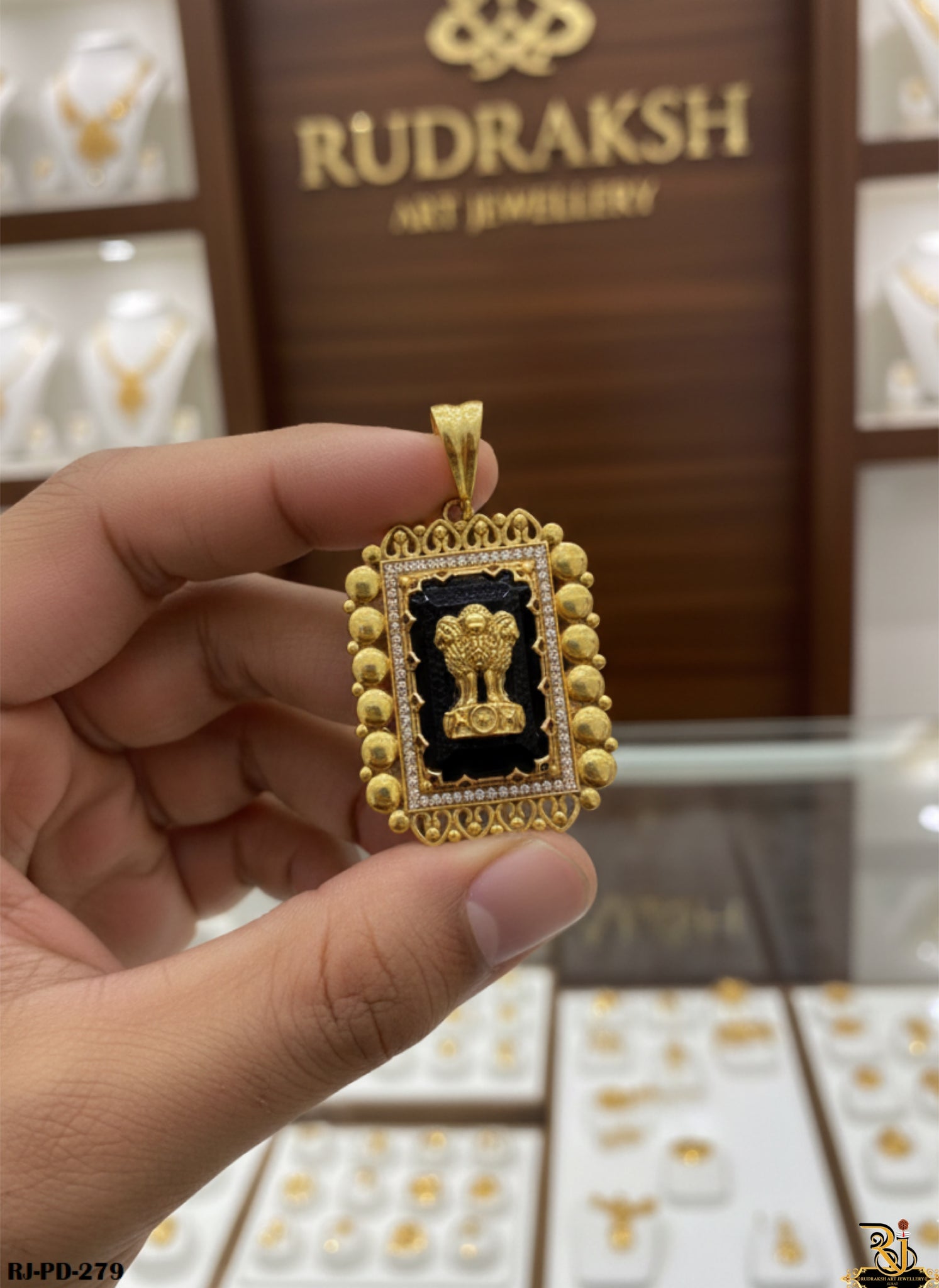 Rajwadi Shining Black Stone Diamond Ashok Stambh Gold Plated Pendant For Men's-PD-279