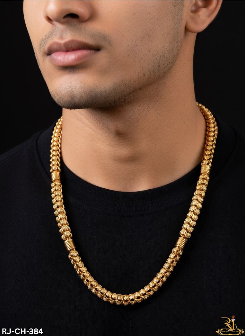 384 Gold Vintage Shine Heart Design With Spiral Pipe Gold Plated Chain For Men ...
