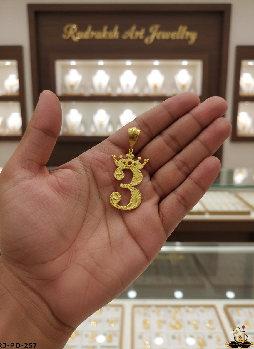 Bold Gold Lucky Number 3 Pendant with Crown design-PD-253