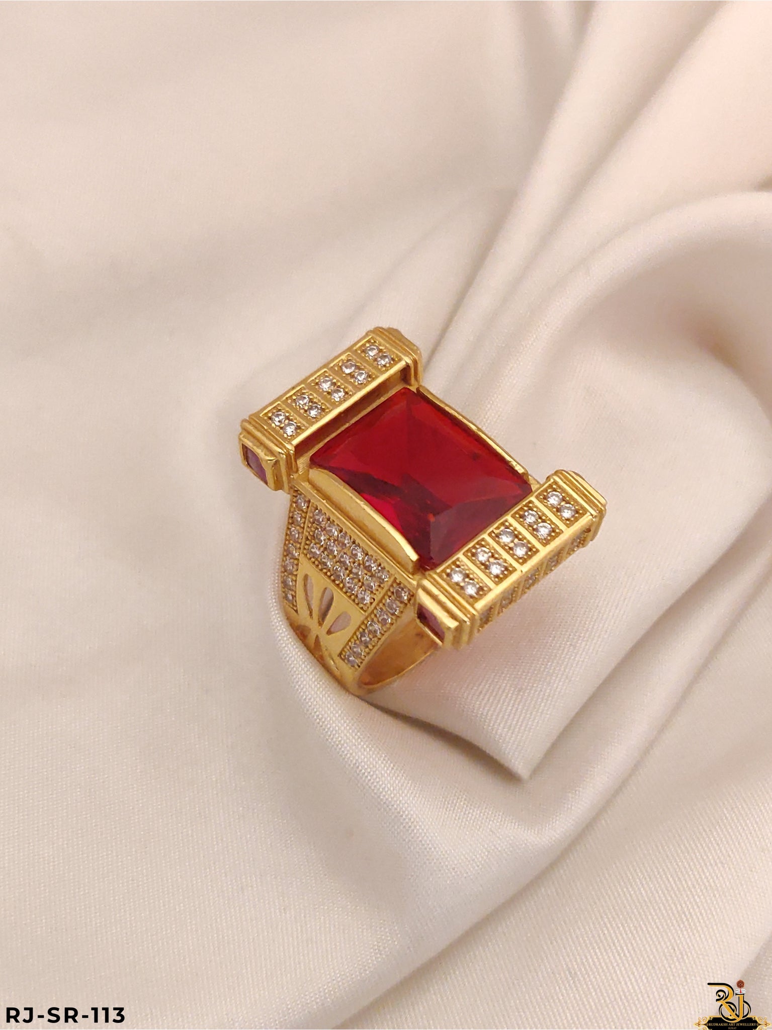 Diamond Red Stone Rajwadi Stone Ring For Men's-SR-113