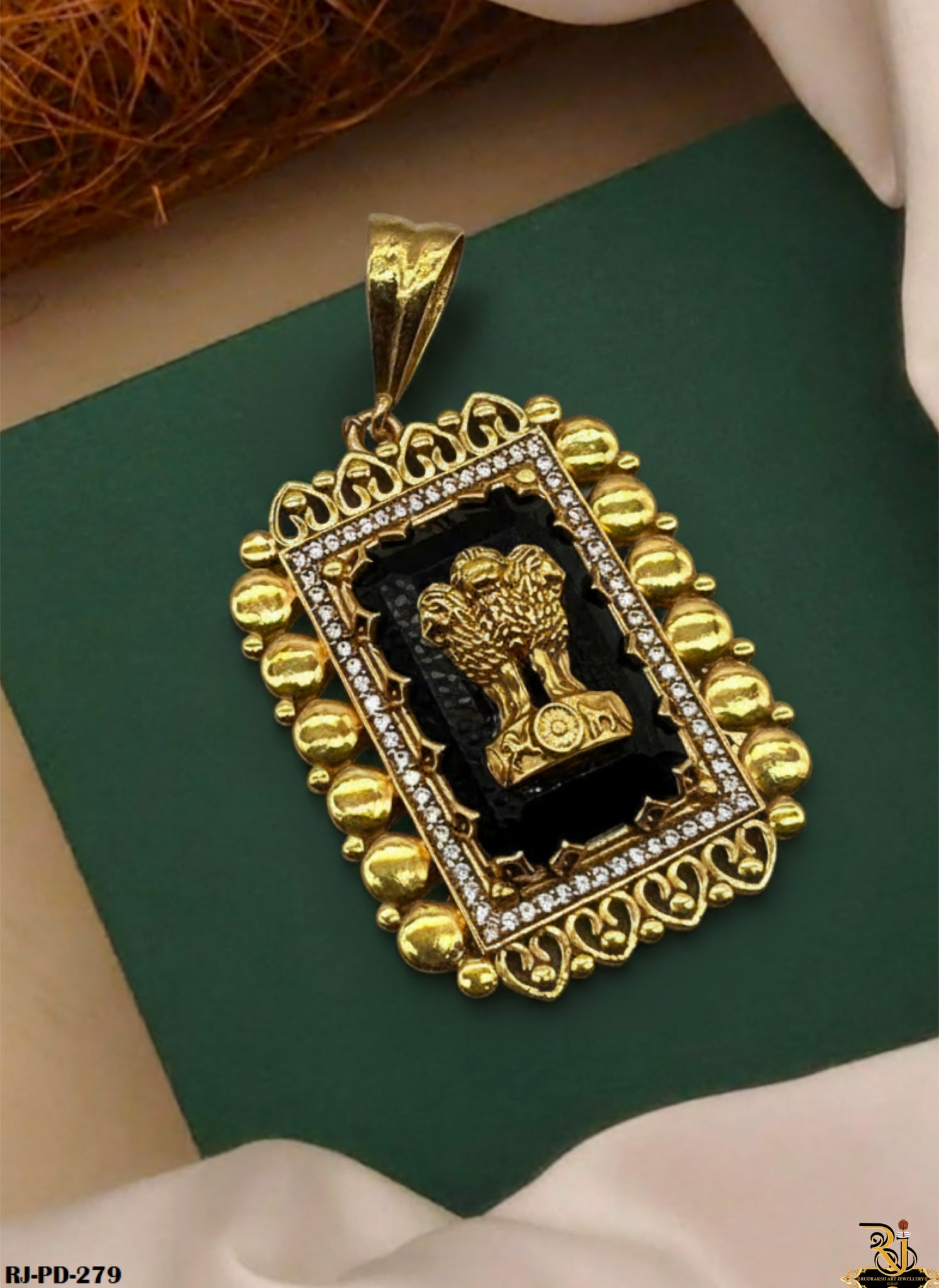 Rajwadi Shining Black Stone Diamond Ashok Stambh Gold Plated Pendant For Men's-PD-279