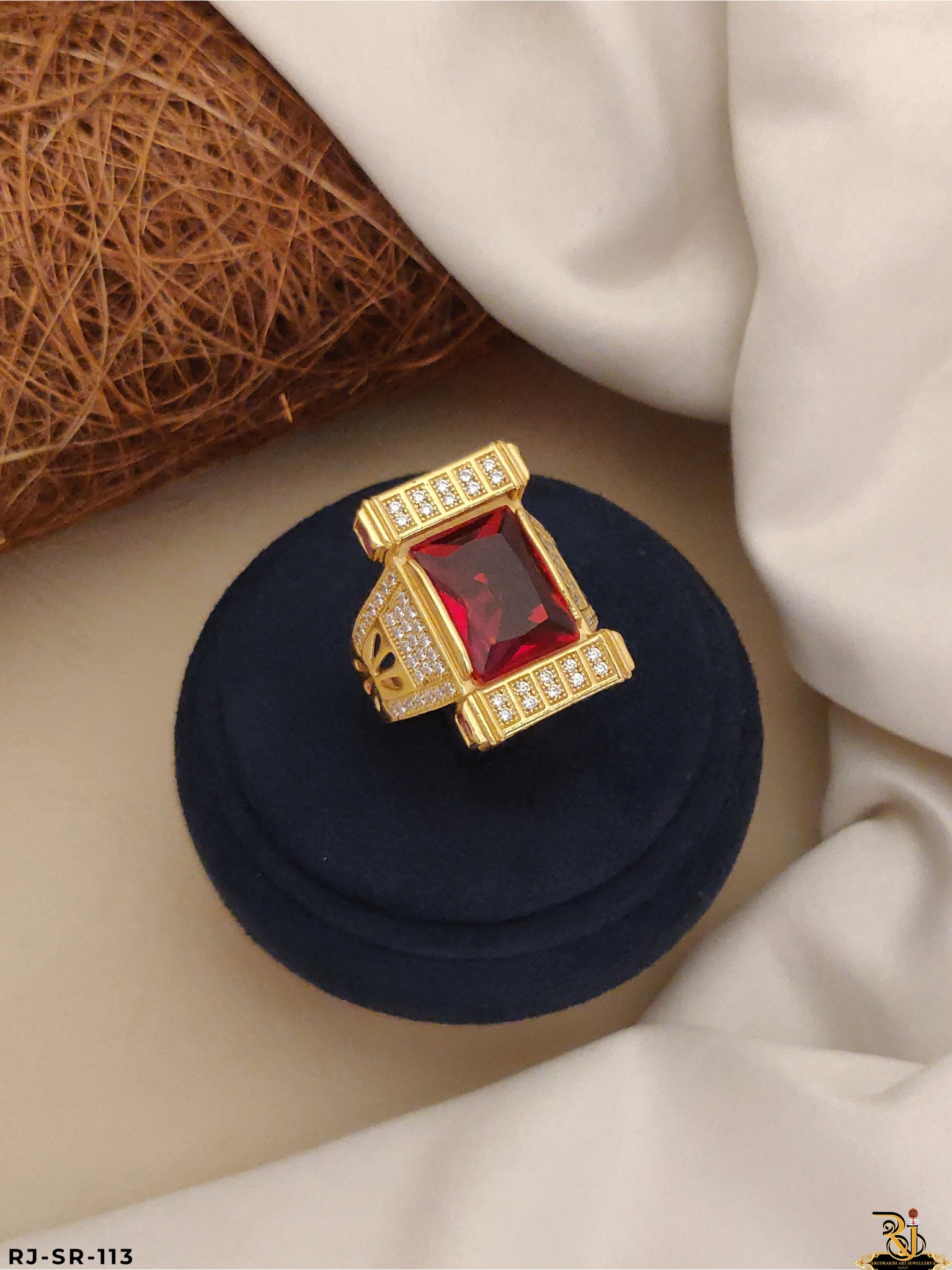 Diamond Red Stone Rajwadi Stone Ring For Men's-SR-113