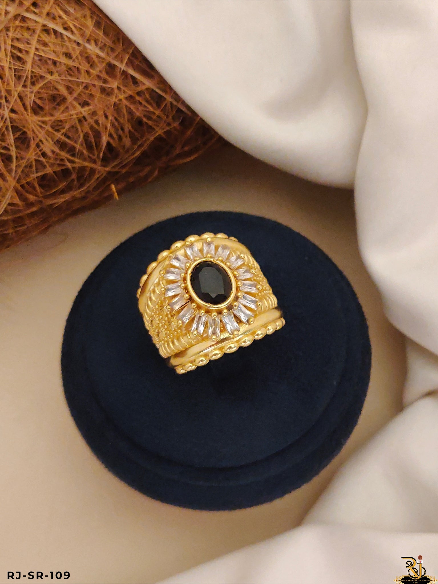 Elegant Black Stone with White Diamond Design Stone Ring For Men's-SR-109
