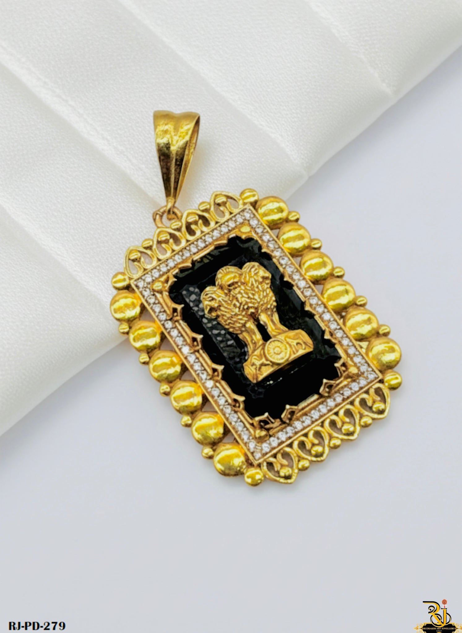 Rajwadi Shining Black Stone Diamond Ashok Stambh Gold Plated Pendant For Men's-PD-279