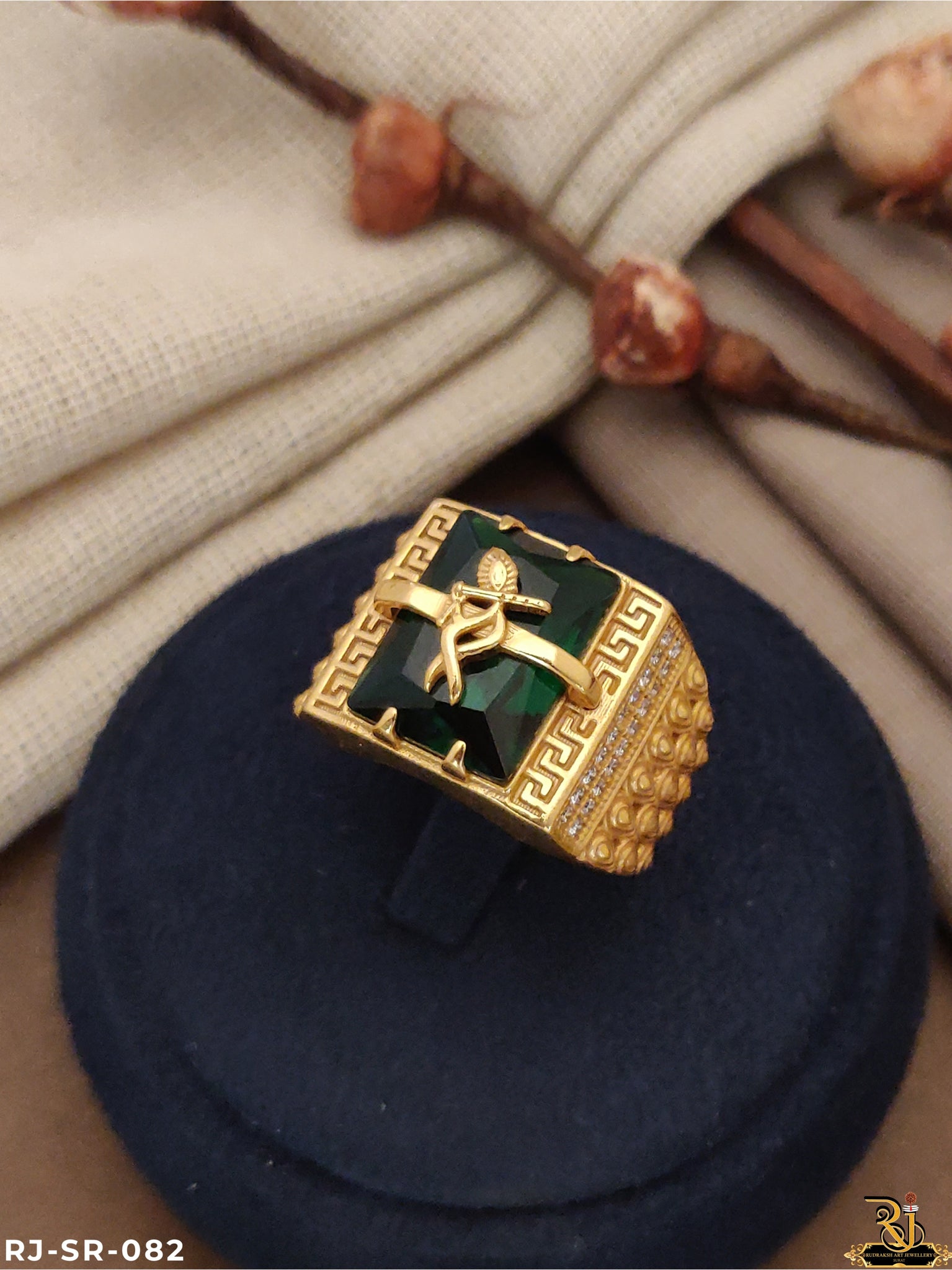 Nice Looking Krishna Logo Green Ston Men’s Fashion Color Ston Ring SR-082