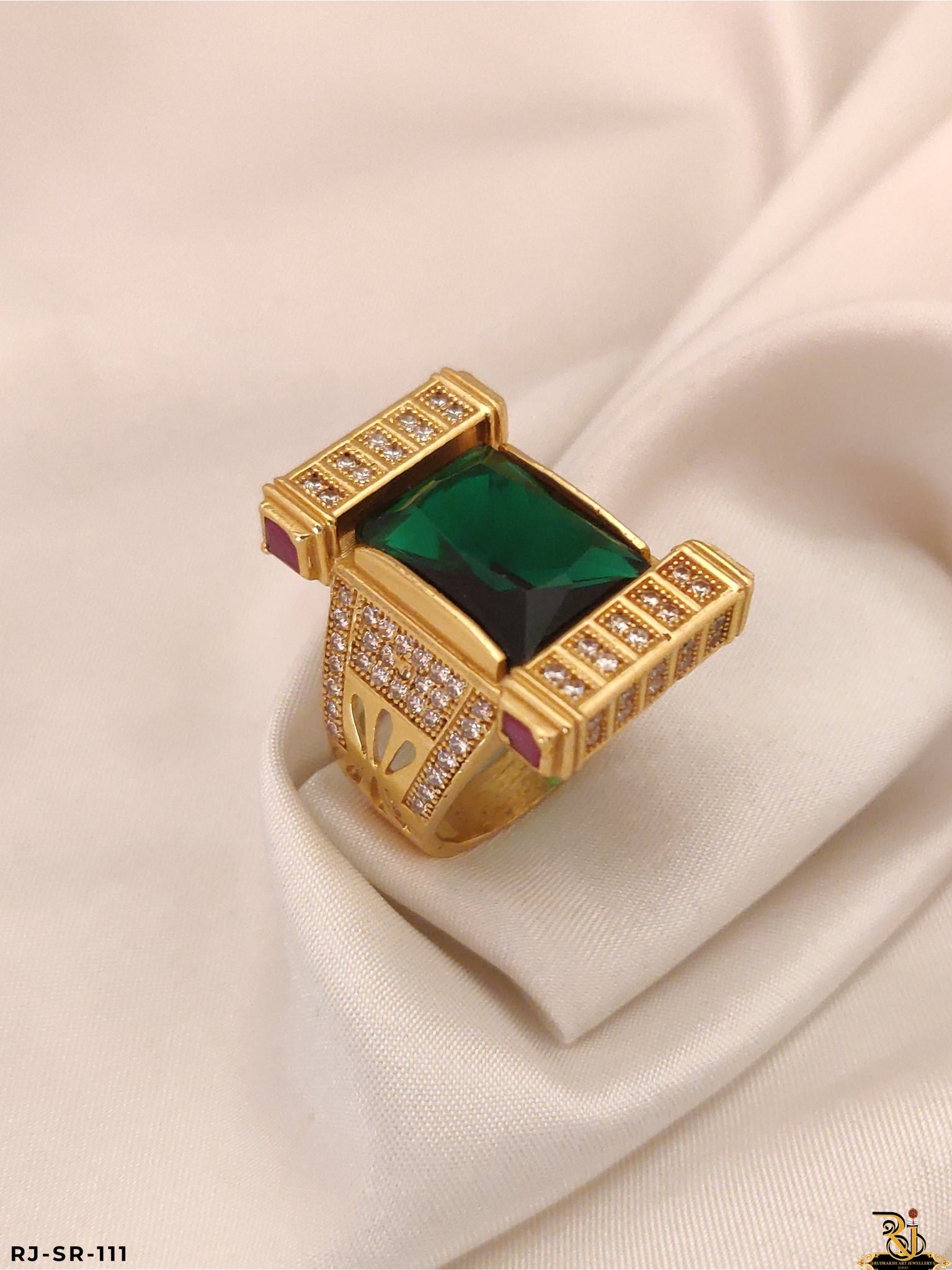 Mesmerizing Diamond Green stone ring For Men's-SR-112