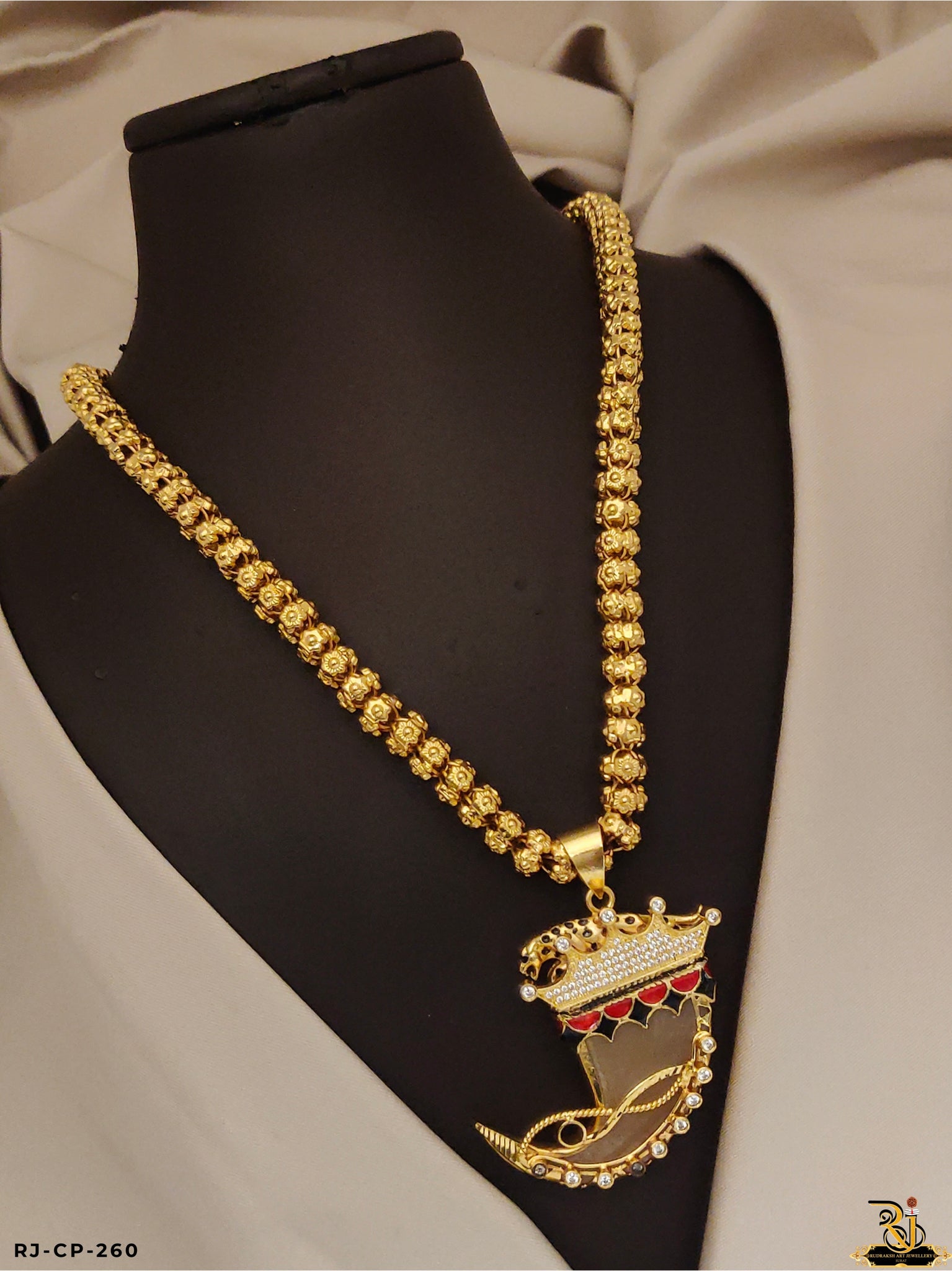 Rajwadi diamond jaguar pendant with flower design chain for men's-CP-260