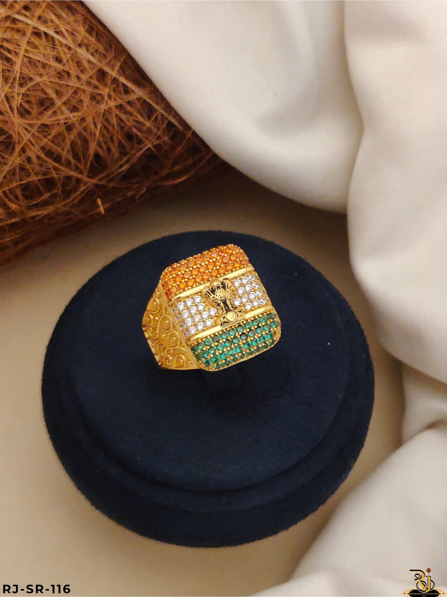 Rajwadi Ashok Stambh with Tiranga Design Stone Ring For Men's-SR-116