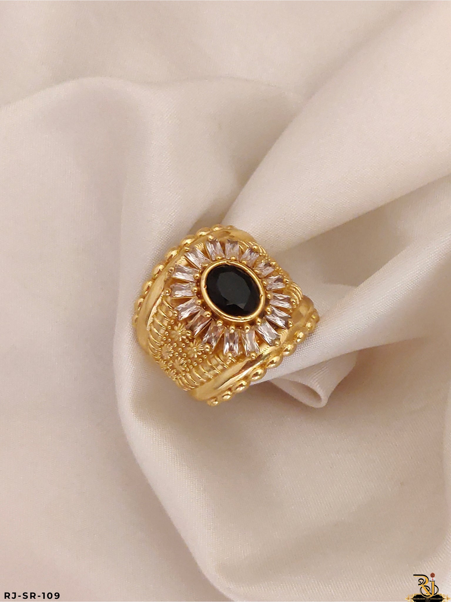 Elegant Black Stone with White Diamond Design Stone Ring For Men's-SR-109