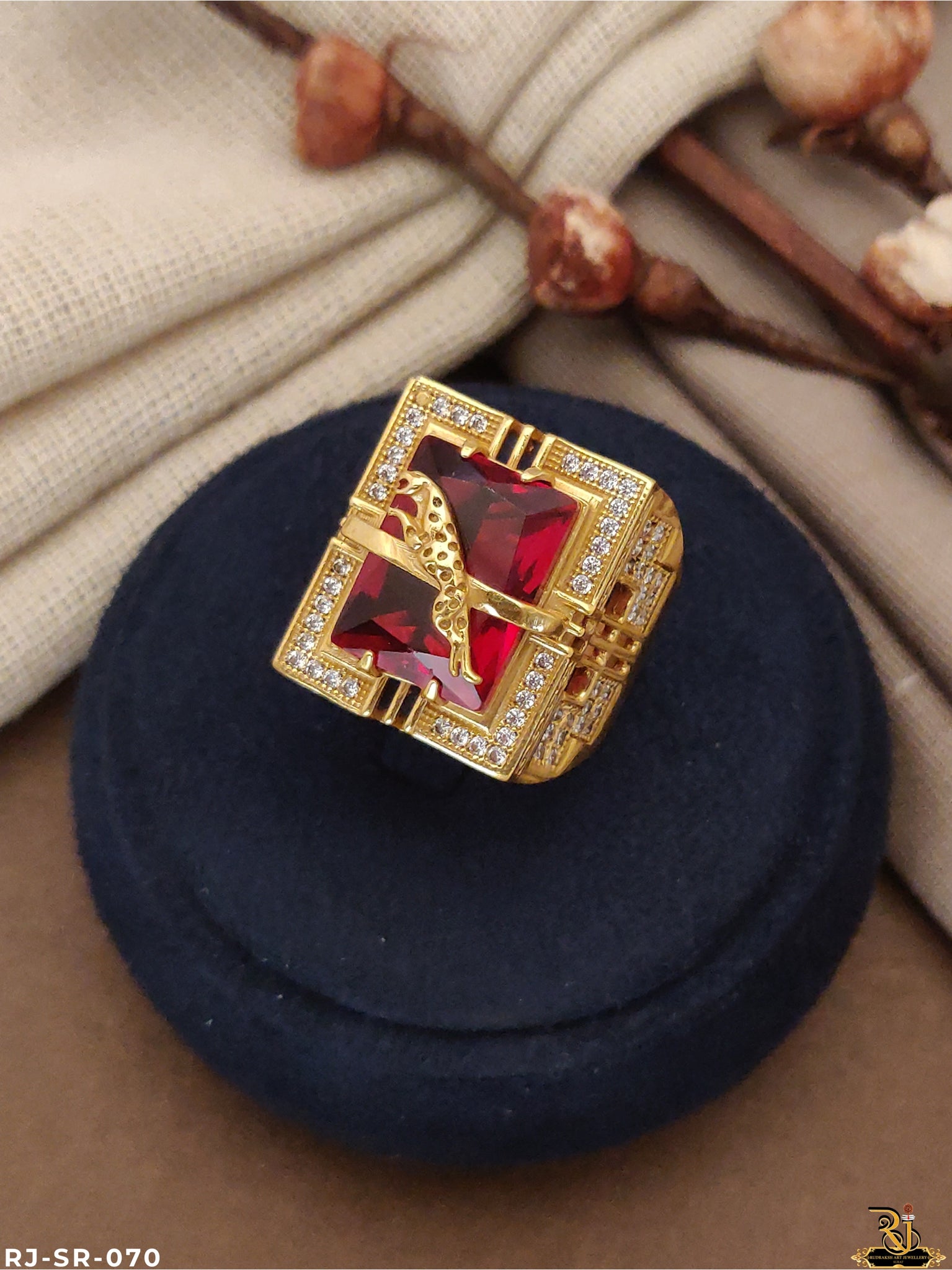 Gold Plated New Gold Ring Design Man Diamond Design Jaguar Red