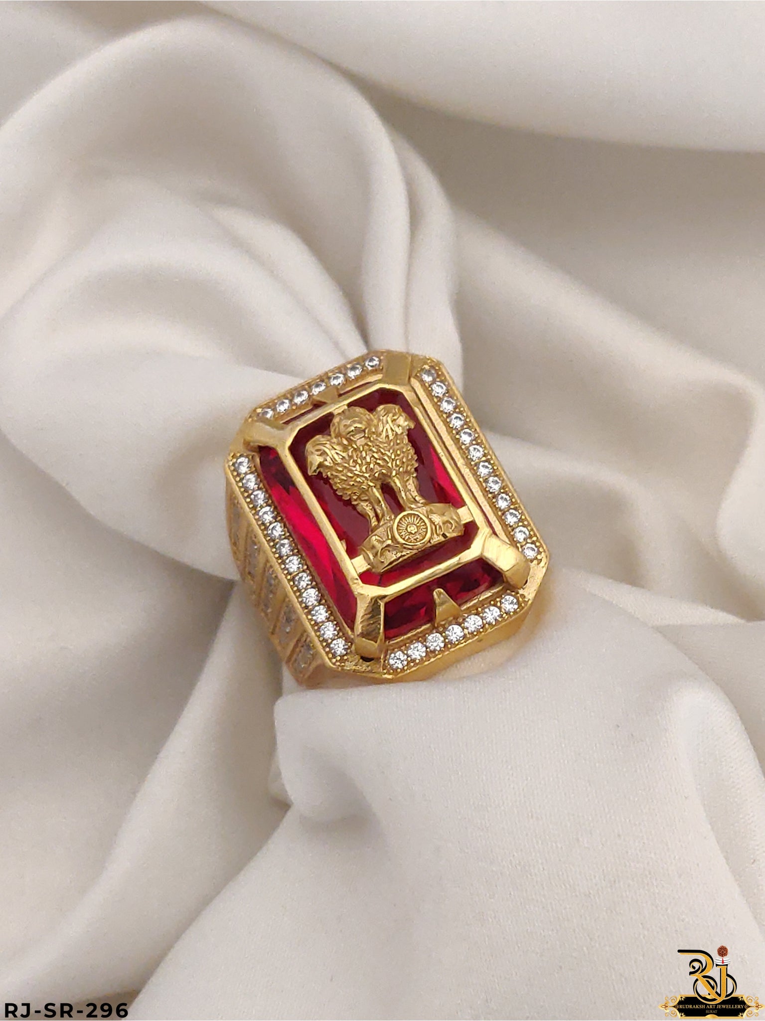 Red color Ston Men’s Fashion Design Ashok Logo Ring SR-296