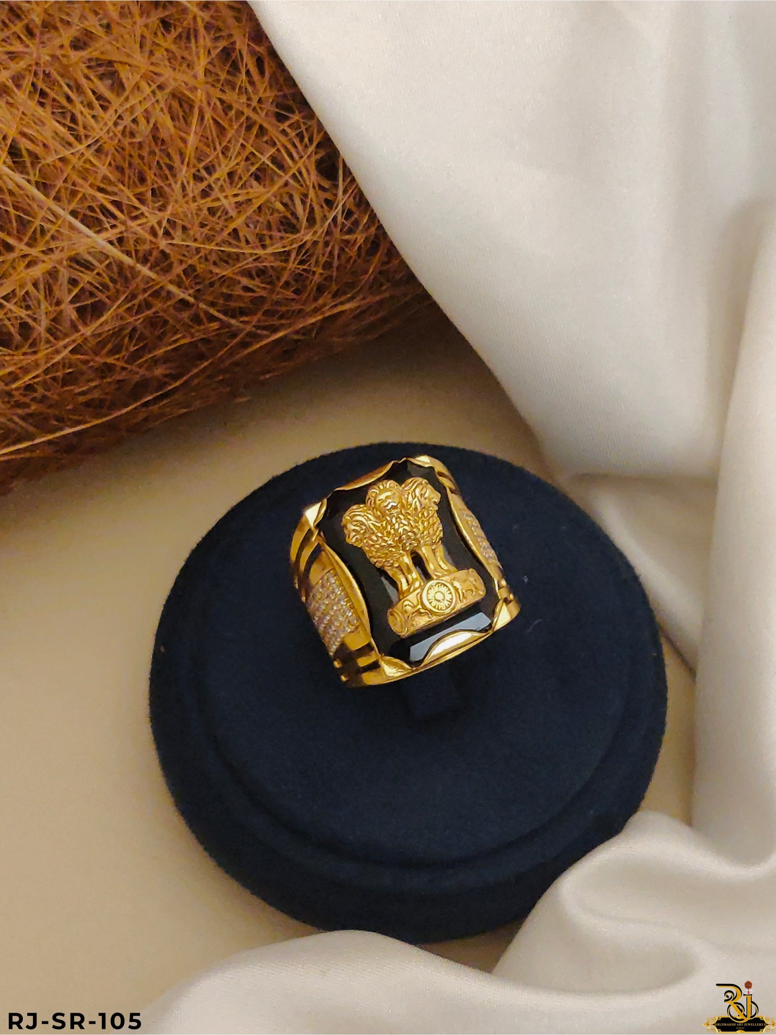 Royal Look Black Stone Ashok Stambh Ring for Men's-SR-105